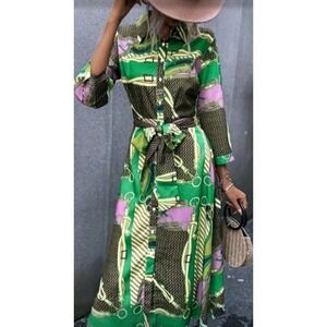 Green Chain Scarf Print Maxi Shirt Dress Size 1XL Belted Retro  Equestrian Style